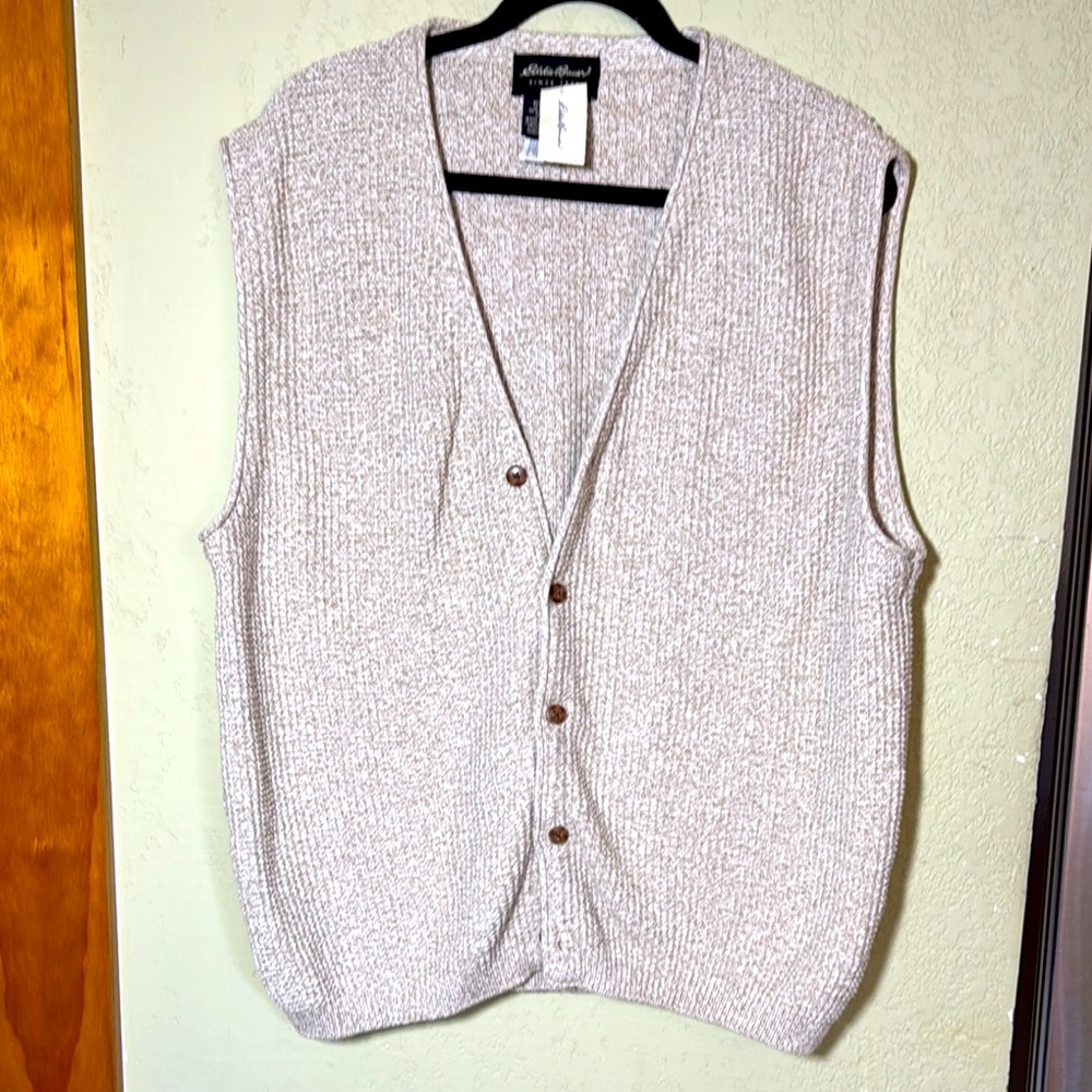 Eddie Bauer Shaker Knit Fisherman Cotton Sweater Vest Button Cardigan NWT Large